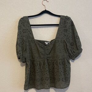 Elegant Olive Eyelet Blouse with Puff Sleeves